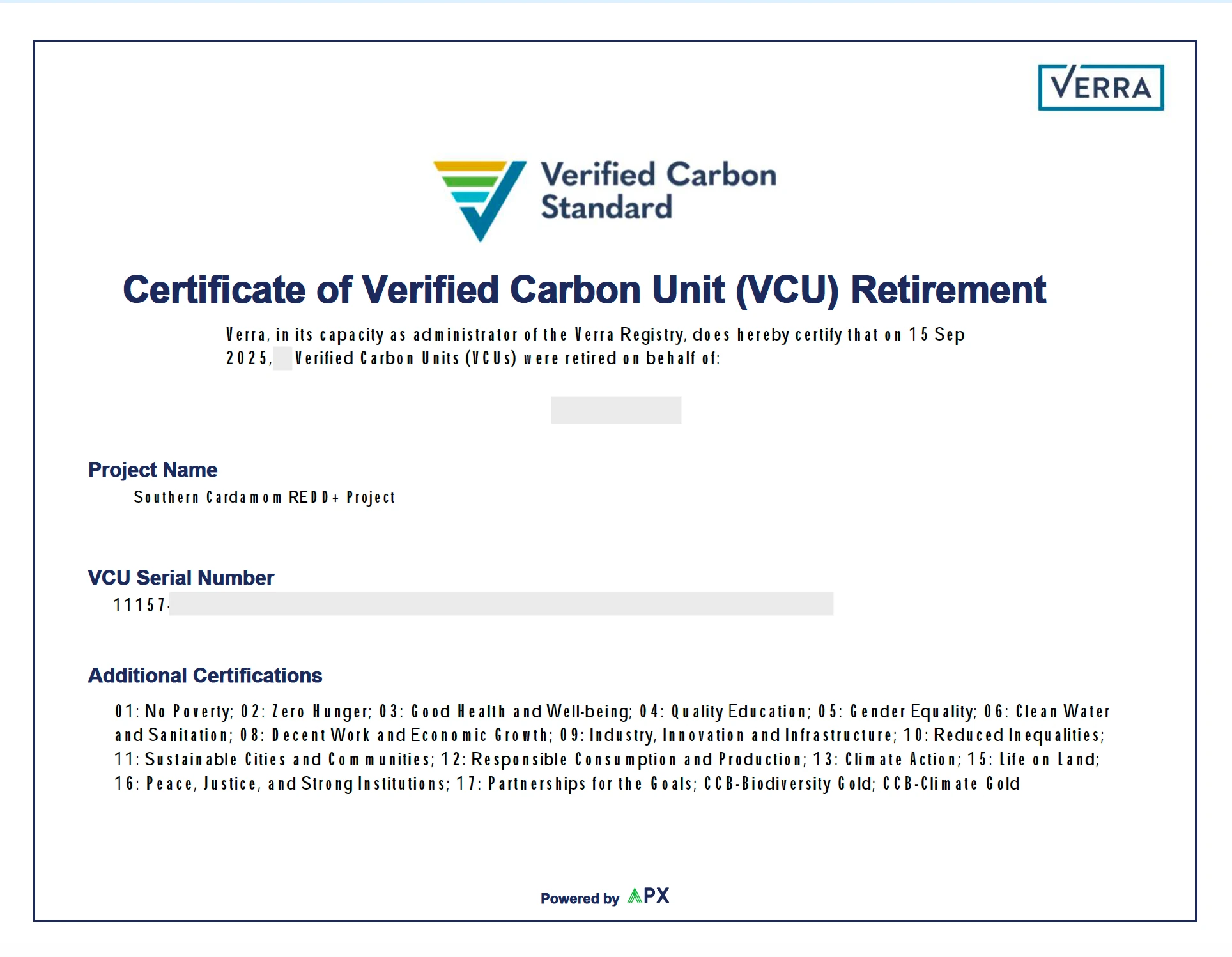 Sample Verra VCU retirement certificate with the serial number partly masked