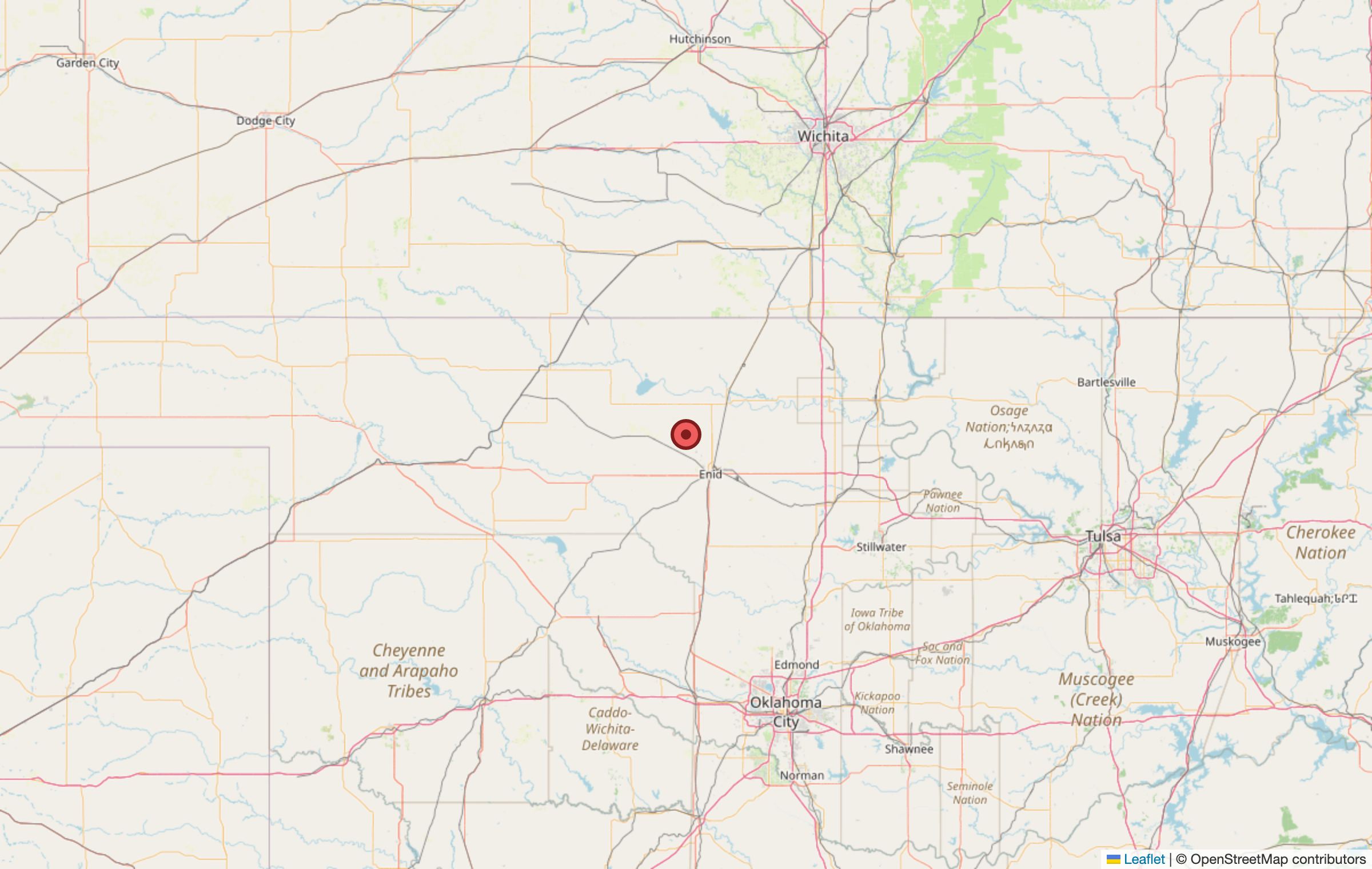 Map showing the location of the Armadillo Flats wind farm in Garfield and Alfalfa counties, northwest Oklahoma