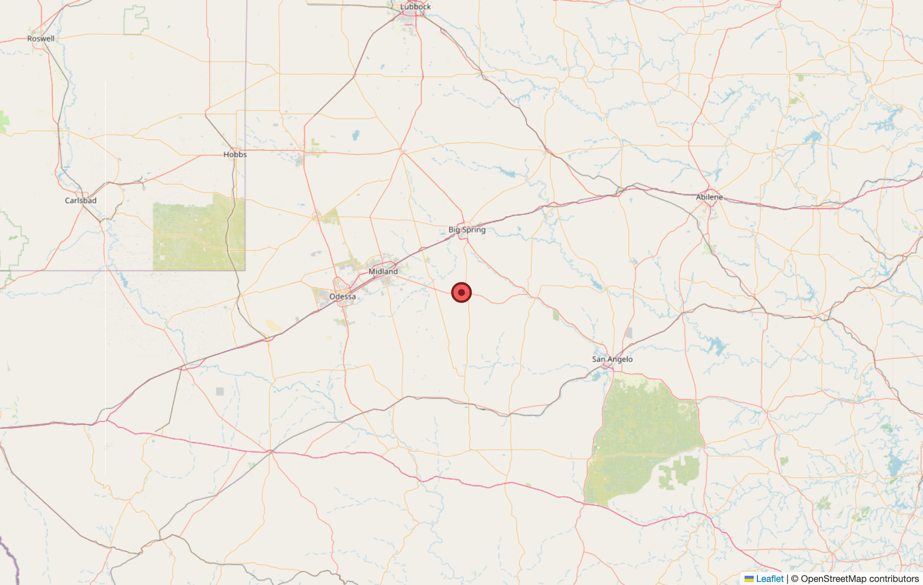 Map showing the location of the Bearkat 1 wind farm in Glasscock County, Texas (approx. 31.87°N, 101.52°W)
