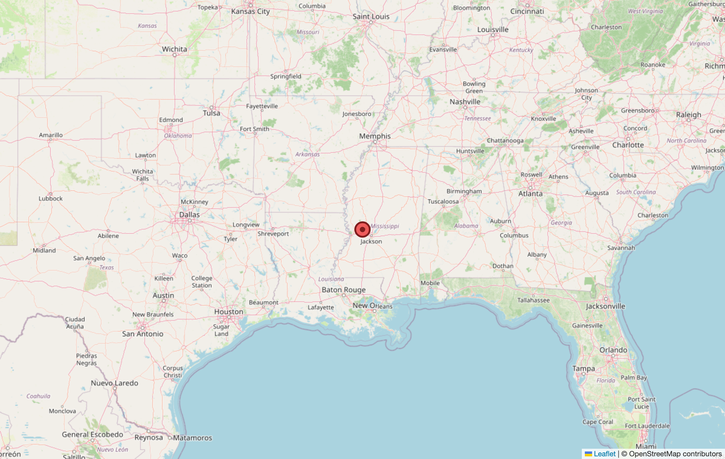 Map showing Southeastern USA (AR, LA, AL, MS)