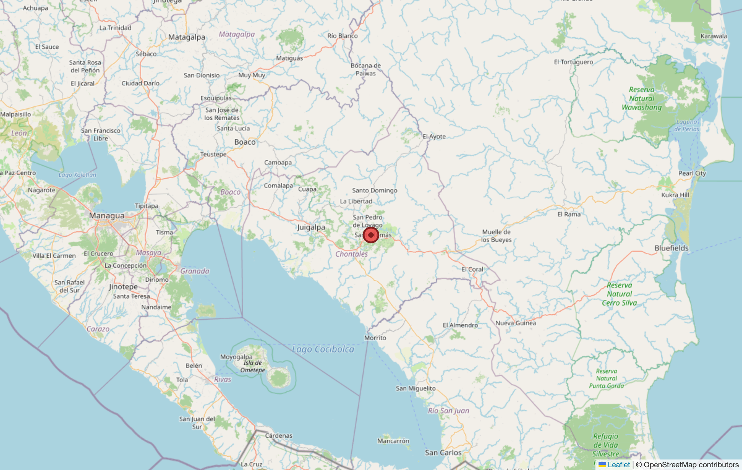 Map showing Santo Tomás, Chontales, Nicaragua