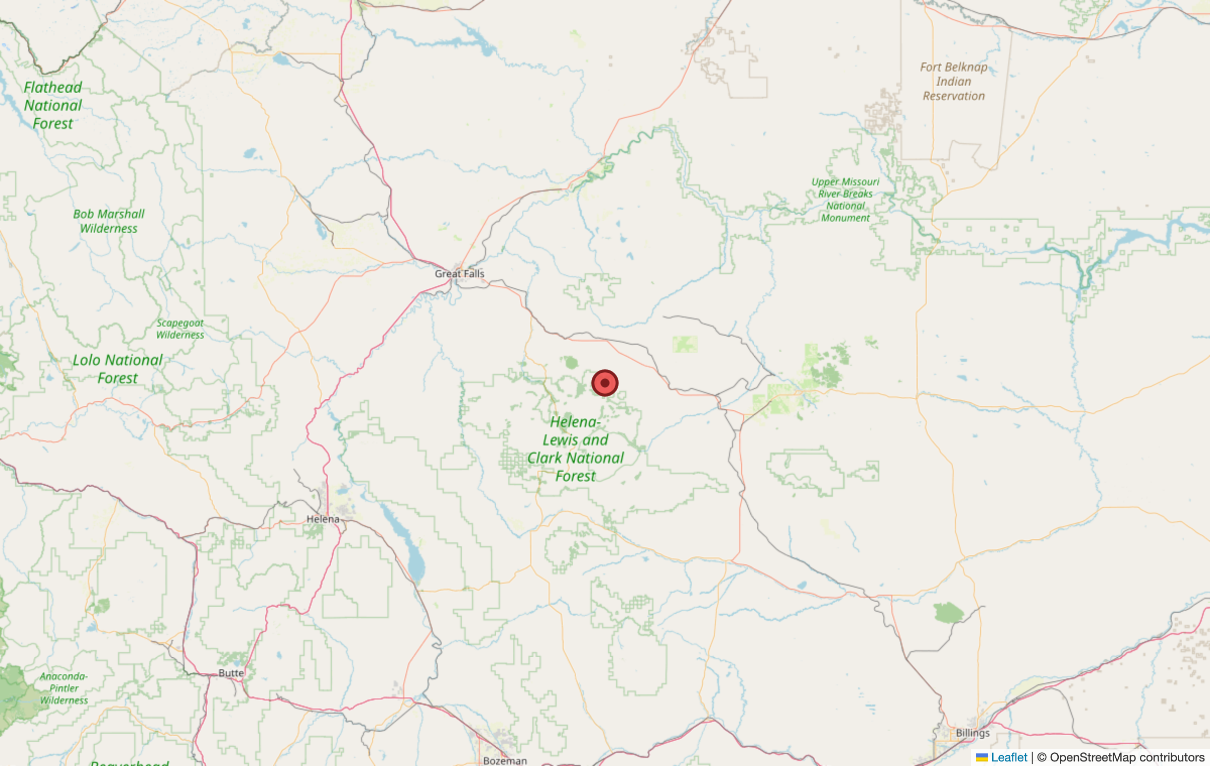 Map showing the location of the South Peak Wind farm in Judith Basin County, central Montana